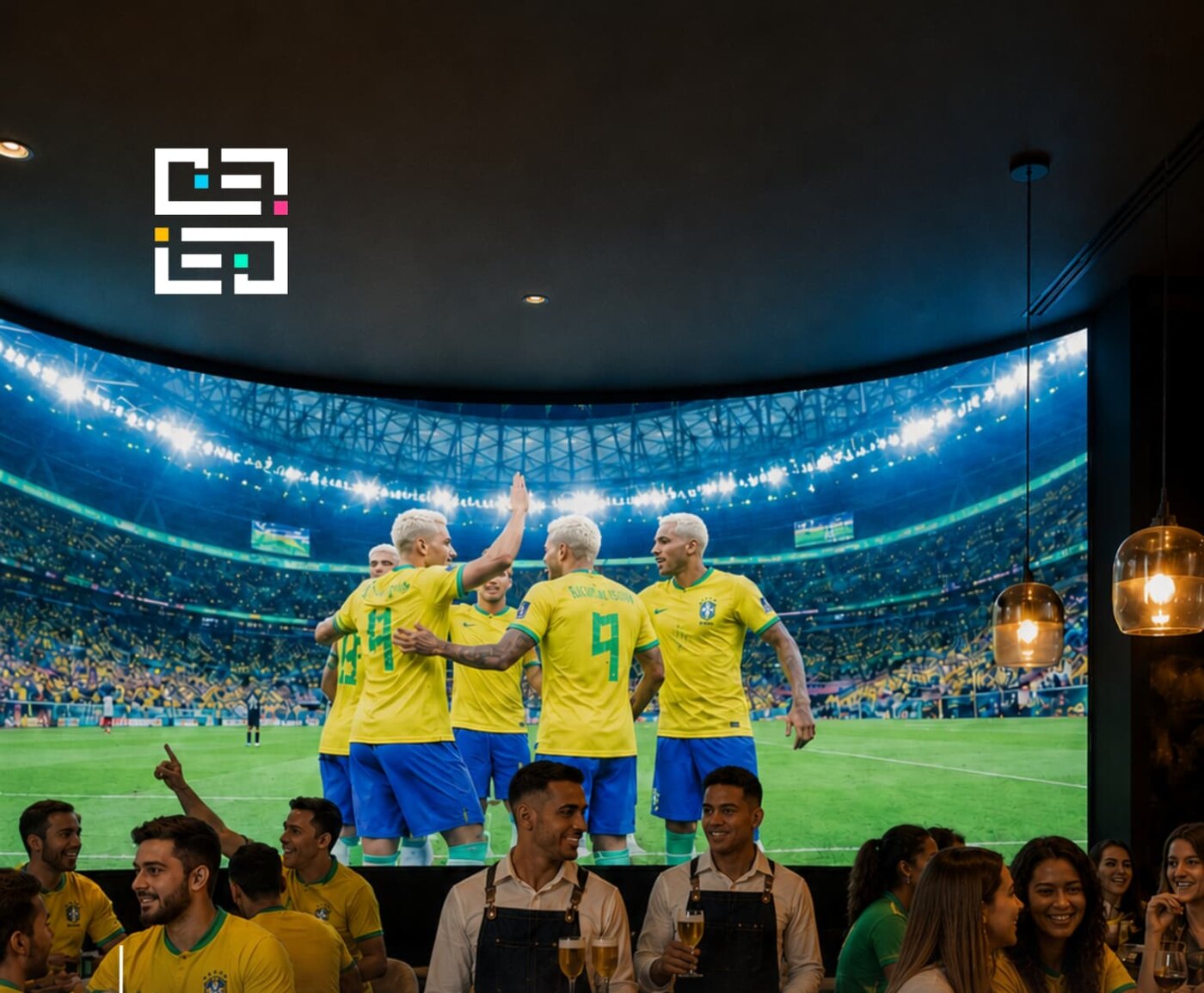 Telão de LED de grande porte iluminado em estádio durante evento noturno